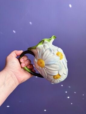 Hand-Painted Teleflora Floral Daisy Pitcher - White & Yellow with Green Handle